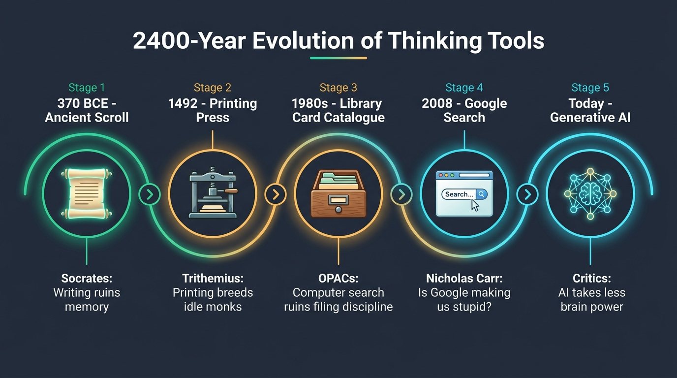 2400-Year Evolution of Thinking Tools: From Ancient Scrolls and Printing Presses to Card Catalogues, Google Search, and Generative AI